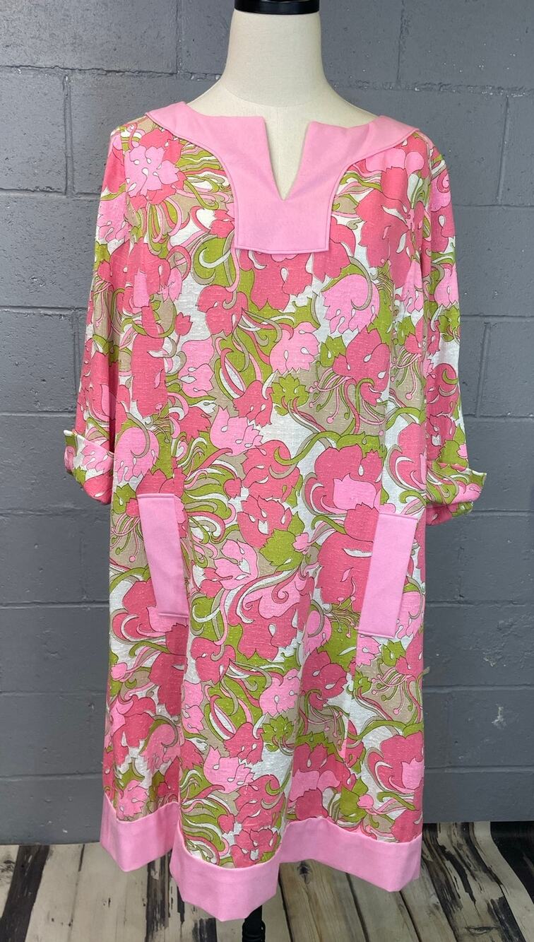 Vintage 1960s Botanical Print Linen Blend Tunic Midi Dress "Palm Beach Chic "